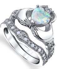 Load image into Gallery viewer, Sterling Silver 925 Heart Shape Claddagh Engagement Ring Wedding Bridal Sets with White Simulated Opal 7