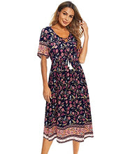 Load image into Gallery viewer, Arach&Cloz Women's Boho Tie Neck Printed Short Sleeve Floral Summer Loose Tassels Casual Midi Dress with Pockets (Floral03,XL)