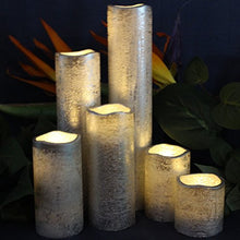 Load image into Gallery viewer, LED Lytes Flameless Timer LED Candles Slim Set of 6, 2" Wide and 2"- 9" Tall, Silver Coated Wax and Flickering Warm White Flame for Home and Wedding Decor