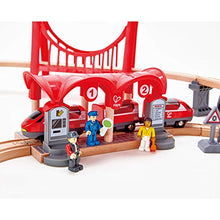 Load image into Gallery viewer, Hape Busy City Train Rail Set | Complete City Themed Wooden Rail Toy Set for Toddlers with Passenger Train, Freight Train, Station, Play Figurines, and More, Multicolor, Model:E3730