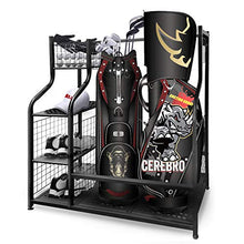 Load image into Gallery viewer, Mythinglogic Golf Storage Garage Organizer, 2 Golf Bag Storage Stand and Other Golfing Equipment Rack & 4 Removable Hooks, Extra Large Design for Golf Clubs Accessories