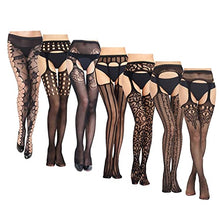 Load image into Gallery viewer, GEMLORD 7 Pairs Women Fishnet Stockings - Thigh-High Stockings Tights Suspender Pantyhose Stockings, Black Fish Net Tights Lace Stockings