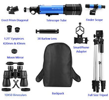 Load image into Gallery viewer, MaxUSee Travel Scope with Backpack - 70mm Refractor Telescope & 10X50 HD Binoculars Bak4 Prism FMC Lens for Moon Viewing Bird Watching Sightseeing