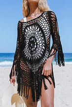 Load image into Gallery viewer, CUPSHE Women's Cover Up Black Crochet Hollow Out Tassel Swimsuit Three Quarter Sleeve, S