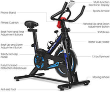 Load image into Gallery viewer, GYMAX Indoor Cycling Bike, Adjustable Exercise Bike with LCD Display, Comfortable Seat Cushion & 5-Position Adjustable Saddle, Professional Exercise Bike for Home Office Gym (Black+Blue)