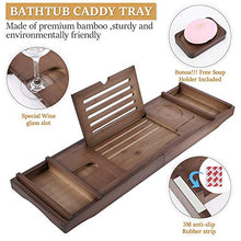 Load image into Gallery viewer, Bathtub Caddy Tray Bamboo Bathroom Organizer Expandable for Luxury Bath with Book Tablet Stand Wine Glass Candle Phone Holder Soap Dish Non-Slip Extending Sides Expands Up to 43 inch