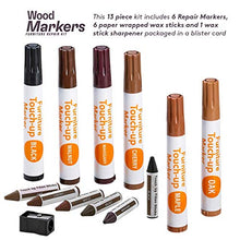 Load image into Gallery viewer, Katzco Furniture Repair Kit Wood Markers - Set of 13 - Markers and Wax Sticks with Sharpener - for Stains, Scratches, Floors, Tables, Desks, Carpenters, Bedposts, Touch-Ups, Cover-Ups, Molding Repair