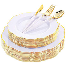Load image into Gallery viewer, WDF 30Guest Gold Plastic Plates & Disposable Gold Plastic Silverware With White Handle- Baroque White&Gold Plastic Dinnerware for Upscale Wedding &Parties