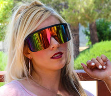 Load image into Gallery viewer, Elite Unisex Oversized Super Shield Mirrored Lens Sunglasses Retro Flat Top Matte Black Frame (Orange Rainbow)