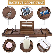 Load image into Gallery viewer, Bathtub Caddy Tray Bamboo Bathroom Organizer Expandable for Luxury Bath with Book Tablet Stand Wine Glass Candle Phone Holder Soap Dish Non-Slip Extending Sides Expands Up to 43 inch