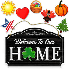 Load image into Gallery viewer, Bigtime Signs Welcome to Our Home - Wood Grain Print Door & Wall Decor - 8 Interchangeable Holiday Magnets Halloween, Easter, Fall, Christmas, Valentines - Front Porch Hanging Plaque Decoration Black
