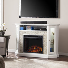 Load image into Gallery viewer, SEI Furniture Redden Faux Stone Convertible Electric Media Storage Corner Fireplace, Fresh White