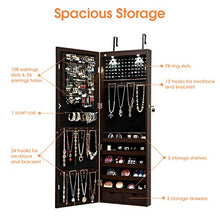 Load image into Gallery viewer, Giantex Wall/Door Mounted Jewelry Armoire Organizer with 2 LED Lights, Lockable Height Adjustable Jewelry Cabinet with Full Length Mirror, Large Capacity Dressing Makeup Jewelry Mirror Storage (Brown)