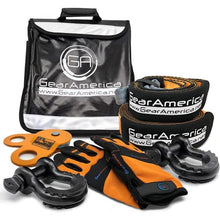 Load image into Gallery viewer, GearAmerica Off-Road Recovery Kit - Ultimate 4x4 Winching Accessories - Includes Tow Strap, Tree Saver, Heavy Duty Snatch Block Pulley, Winch Line Dampener, Recovery Gloves & Black D-Ring Shackles