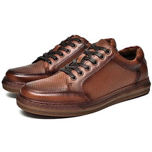 Load image into Gallery viewer, Men's Fashion Sneakers Casual Leather Shoes for Men Perforated Brown Genuine Leather Upper Lace Up Slip On Walking Shoe Size 11