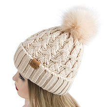 Load image into Gallery viewer, PAGE ONE Womens Winter Ribbed Beanie Crossed Cap Chunky Cable Knit Pompom Soft Warm Hat Navy