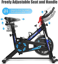 Load image into Gallery viewer, GYMAX Indoor Cycling Bike, Adjustable Exercise Bike with LCD Display, Comfortable Seat Cushion & 5-Position Adjustable Saddle, Professional Exercise Bike for Home Office Gym (Black+Blue)