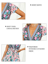 Load image into Gallery viewer, TEMOFON Women's Wrap Dresses Bohemian Floral Printed Summer Casual Short Sleeve V-Neck High Split Maxi Dress Wine Red S