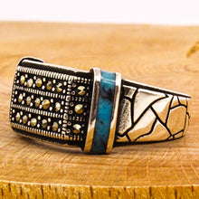 Load image into Gallery viewer, Solid 925 Sterling Silver Rings for Men Turkish Handmade Simulated Turquoise on Band Luxury Design Premium Quality (11.25)