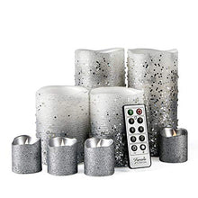Load image into Gallery viewer, FURORA LIGHTING LED Flameless Candles with Remote – Battery-Operated Flameless Candles Bulk Set of 8 Fake Candles – Small Flameless Candles & Christmas Centerpieces for Tables, Silver Glittery