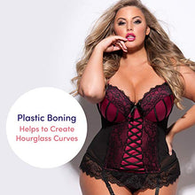 Load image into Gallery viewer, Lovehoney Boudoir Belle Cherry Satin Push Up Basque Styled Corset Lingerie For Women - Sexy Black Bustier Top with G String & Garter Straps - Plus Size Bustier: 18-20