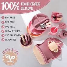 Load image into Gallery viewer, 24 Pack Silicone Baby Feeding Set Baby Led Weaning Supplies Includes Suction Divided Plates Soft Bowl Spoons Forks Adjustable Bib Snack Cup and Straws for Baby Eating (Pink, Dark Pink, Nude)