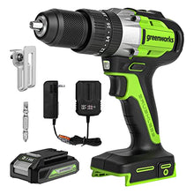 Load image into Gallery viewer, Greenworks 24V Brushless Cordless Hammer Drill Kit, 530 in./lbs Torque, 20+3 Position Clutch, 1/2 '' Keyless Chuck, Variable Speed, 1×2Ah Battery with 2A Charger, LED Light