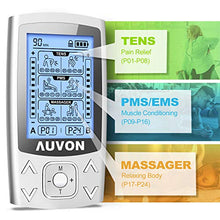 Load image into Gallery viewer, AUVON Dual Channel TENS EMS Unit 24 Modes Muscle Stimulator for Pain Relief, Rechargeable TENS Machine Massager with 12 Pads, ABS Pads Holder, USB Charger and Dust-Proof Storage Bag
