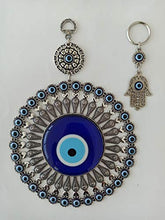 Load image into Gallery viewer, Erbulus Large Glass Flower Design Turkish Blue Evil Eye Wall Hanging – Turkish Nazar Bead - Home Protection Charm with Hamsa Keychain - Wall Decor Amulet in a Box
