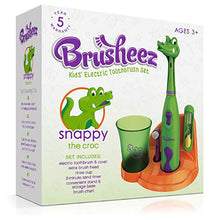 Load image into Gallery viewer, Brusheez Kid's Electric Toothbrush (Safari Edition) Set - Soft Bristles, Easy-Press Power Button, 2 Brush Heads, Cute Animal Cover, Sand Timer, Rinse Cup & Storage Base - Snappy The Croc