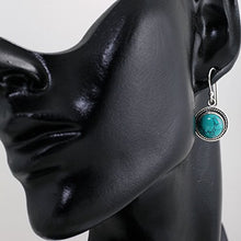 Load image into Gallery viewer, 925 Sterling Silver Blue Turquoise Gemstone Rope Edge Round Dangle Hook Earrings 1.2"
