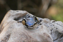 Load image into Gallery viewer, Rainbow Moonstone Ring"Cleo" READY TO SHIP, Sterling Silver and Solid Gold moonstone engagement ring, flower ring, twig ring, nature ring