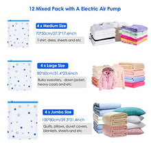 Load image into Gallery viewer, Vacuum Storage Bags with Electric Air Pump, 12 Pack (4 Jumbo, 4 Large, 4 Medium) Reusable Vacuum Compression Space Saver Bags for Clothes, Mattress, Blanket, Duvets, Pillows, Comforters, Quilt, Travel