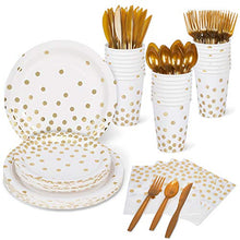 Load image into Gallery viewer, Decorlife Party Plates, White and Gold Party Supplies Set, Total 192PCS, 12oz Cups for Adults, 48PCS Party Napkins, Plates, Gold Cutlery Included – Serves 24