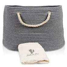 Load image into Gallery viewer, XXL Extra Large Cotton Rope Basket with Exclusive Laundry Bag: Wide Storage Organizer for Living Room, Blankets, Sofa Throws, Nursery, Baby Kids Toys, Playroom: 20" x 14" Hand Woven Hamper (Grey)