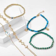 Load image into Gallery viewer, Aimimier Bohemia Evil Eye Shell Anklet Set 5Pcs Green Blue Beads Ankle Bracelet Boho Beach Jewelry for Women and Girls