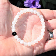 Load image into Gallery viewer, CHARGED Distance Bracelet - Premium 7" Rainbow Moonstone & Black Tourmaline Crystal 8mm Bead Bracelets Tumble Polished Stretchy + Selenite Charging Heart Included (HEALING ENERGY / PSYCHIC PROTECTION)