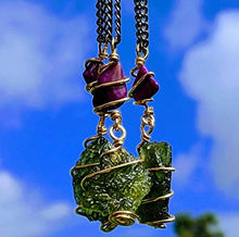 Load image into Gallery viewer, MOLDAVITE & SUGILITE Pendant in Real Gold! 12 Kt Genuine Crystal 19" Necklace. Synergy 12 Tektite Metaphysical Jewelry Meteorite Wire Wrap Stone