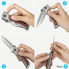 Load image into Gallery viewer, GVDV Pocket Folding Knife with Safety Liner-Lock, Tactical Knife for Camping Hunting Fishing, with Titanium Coated Blade, Belt Clip, Stainless Steel, Wooden Handle,Grey