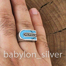 Load image into Gallery viewer, Solid 925 Sterling Silver Turkish Handmade Marcasite & Simulated Turquoise Luxury Men's Ring (8)