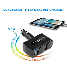 Load image into Gallery viewer, Rocketek 2-Socket Car Splitter Cigarette Lighter Adapter Multi Power Outlet 12/24V 90W with 3.1A 2 USB Car Charger Adapter, Cigarette Lighter Splitter Adapter for iPhone ipad Cell Phone Tablet GPS
