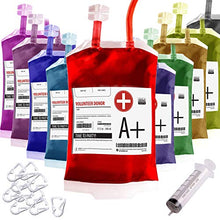 Load image into Gallery viewer, Blood Bag drinking. Set of 10 fake iv Blood Bags for Drinks, 11.5Oz, with Extra Syringe Set of 10 Labels and Clips. Drink pouches Halloween/Vampire/Zombie/Nurse Graduation/decorations Party suplies