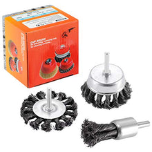 Load image into Gallery viewer, TILAX 3'' Wire Wheel Cup Brush End Brush Set 3 Pcs, Wire Brush for Drill 1/4 Inch Arbor 0.019" Carbon Steel Knotted Wire Brush Drill Bit, Drill Wire Brush Attachment, Rust Removal