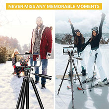 Load image into Gallery viewer, Phone Tripod, Torjim 50-inch Extendable and Lightweight Aluminum Tripod Stand with Bluetooth Remote Shutter, Phone Clip, Portable Travel Tripod for Photography, Video Recording, Vlogging, and More