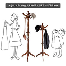 Load image into Gallery viewer, VASAGLE Coat Rack Free Standing with 11 Hooks, Wooden Hall Tree Coat Hat Tree Coat Holder with Solid Rubberwood Base for Coat, Hat, Clothes, Scarves, Handbags, Umbrella, Dark Walnut URCR05WN
