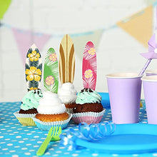 Load image into Gallery viewer, 48 Pieces Surfboard Cupcake Toppers and 2 Pieces Surfboard Birthday Garlands Hawaii Banner Surfing Themed Cake Decoration for Summer Beach Luau Birthday Baby Shower Hawaii Themed Party Supplies