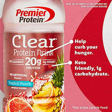 Load image into Gallery viewer, Premier Protein Clear Drink, Tropical Punch, 20g Protein, 0g Sugar, 1g Carb, 90 calories, Keto Friendly, Gluten Free, No Soy Ingredients 16.9 fl oz, 12 Pack