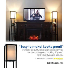 Load image into Gallery viewer, Floor Lamp with Shelves - Room Light by Lightaccents - Corner Storage Standing Bookshelf Lamp - Bedroom Light with Wooden Storage Shelves and White Cotton Linen Shade (Black)