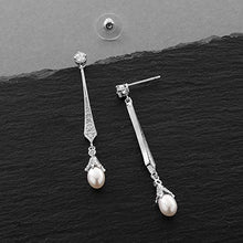 Load image into Gallery viewer, Mariell Slender Cubic Zirconia Vintage Dangle Earrings with Freshwater Pearl Drops for Brides or Weddings