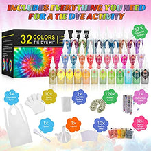 Load image into Gallery viewer, DIY Tie Dye Kits, Emooqi 32 Colours All-in-1 Tie Dye Set contain 32 Bag Pigments, Rubber Bands, Gloves, sealed bag,Apron and Table Covers for Craft Arts Fabric Textile Party DIY Handmade Project